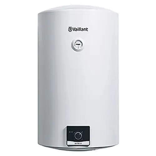 Vaillant Elektro-Wandspeicher in runder Form, weiß lackiert mit einem Regler und einer Anzeige auf der Vorderseite.